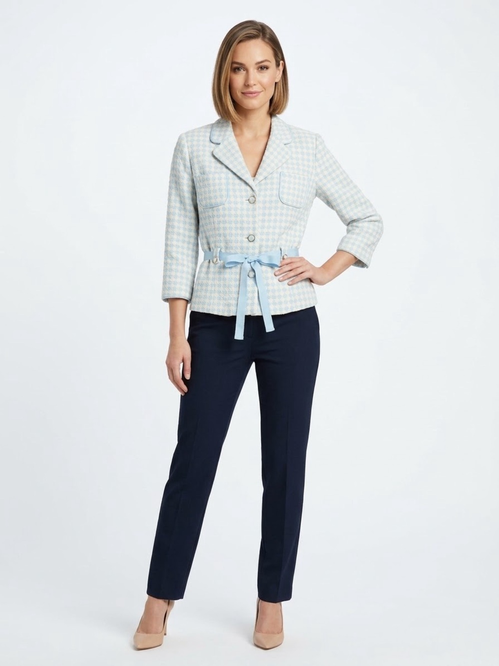 Old Navy Light Blue and Cream Tweed Peplum Blazer